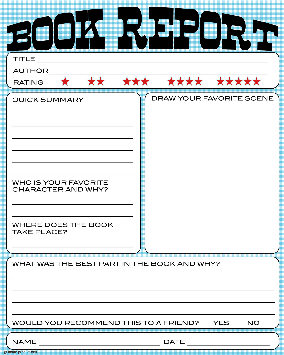 bnute productions Free Printable Kids Book Report Worksheet