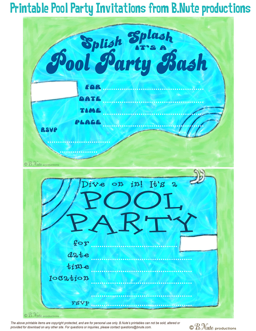 Bnute Productions Free Printable Pool Party Invitations