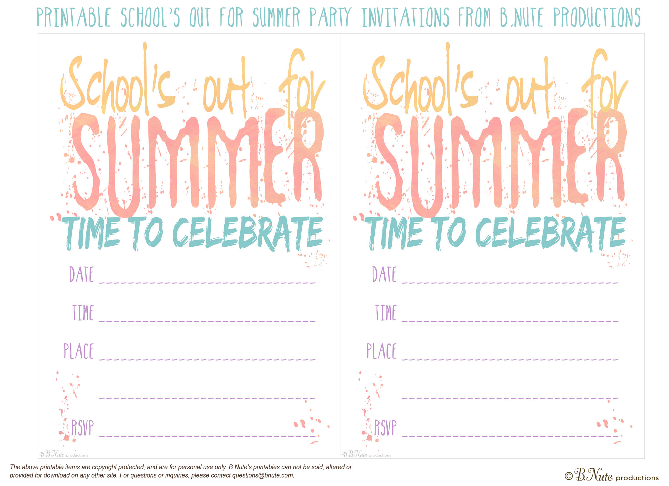 Bnute Productions Free Printable School s Out For Summer Party Invitations