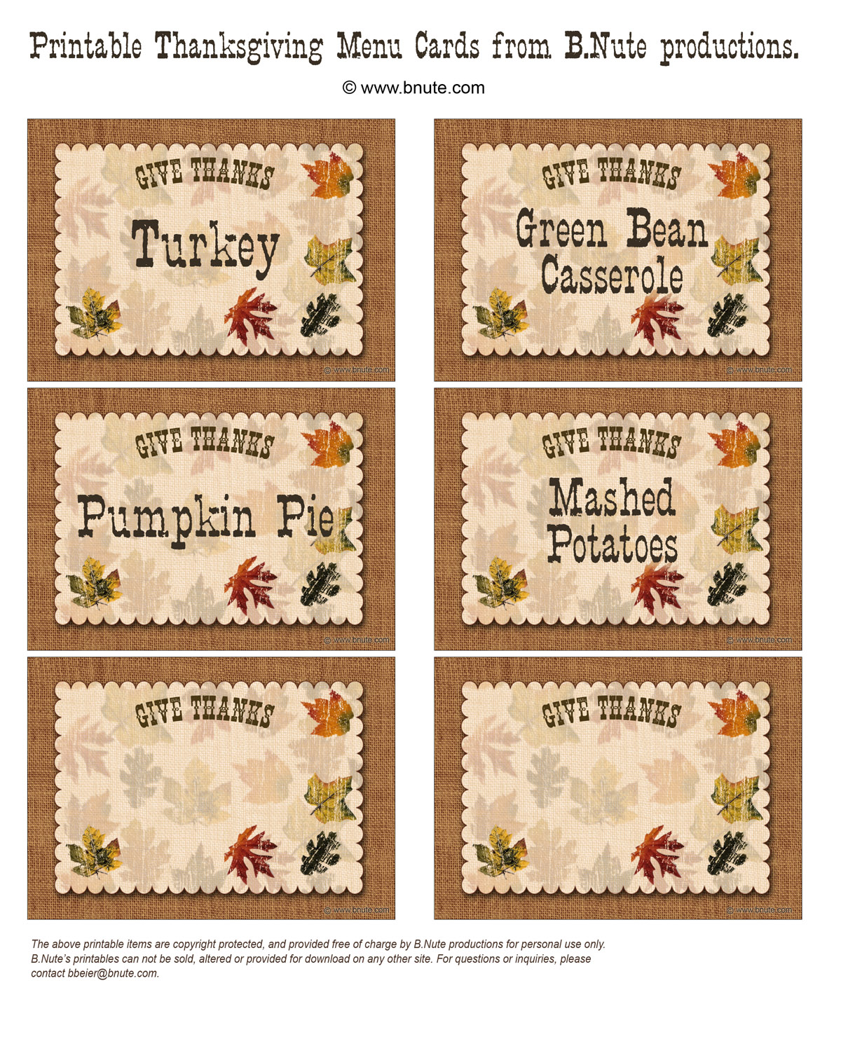 bnute productions: Free Printable Give Thanks Thanksgiving Menu Cards